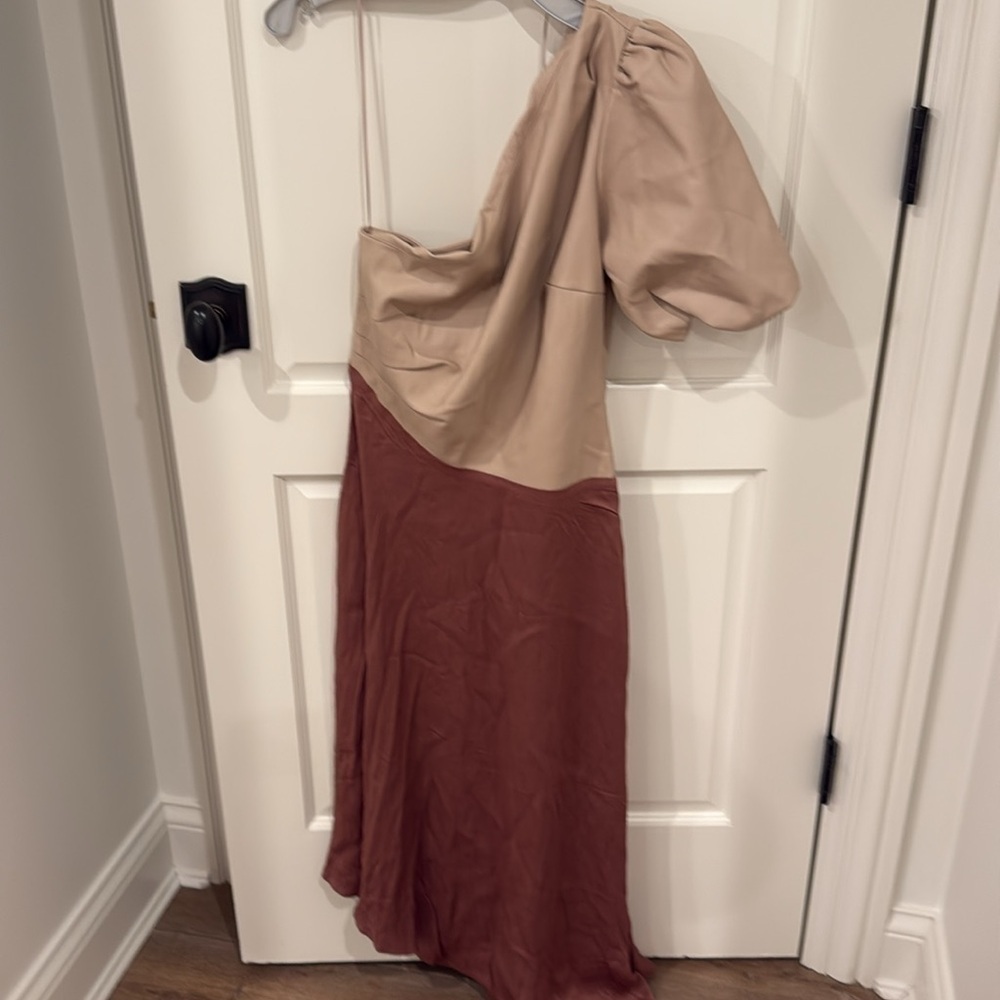 By Anthropologie Faux Leather One-Shoulder Asymmetrical Midi Dress - Picture 2 of 3